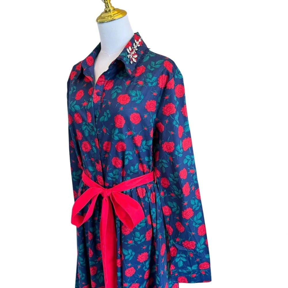 NWT Trish Scully Constance Maxi Dress Navy Rose Floral 12 Rhinestone Long Sleeve - Picture 8 of 17